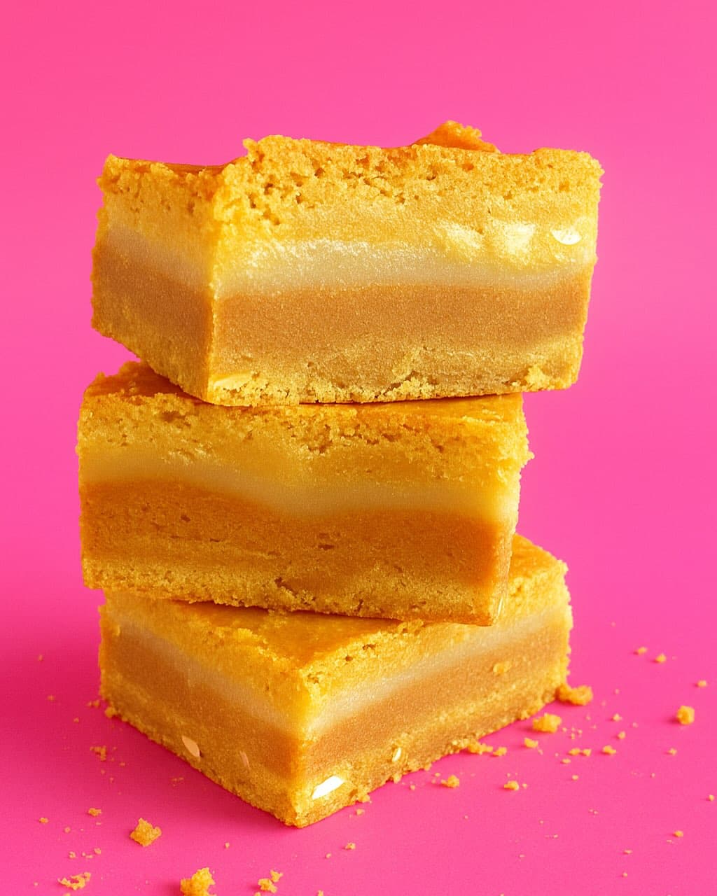 A stack of golden white-chocolate blondie squares on a hot magenta background