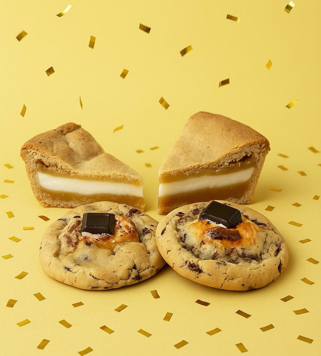Cookie-pie slices and s’mores cookies scattered with gold confetti on yellow